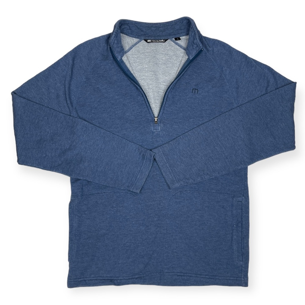 Travis Mathew Sweater Mens Small 1/2 Zip Blue Fleece Pullover Pima Cotton